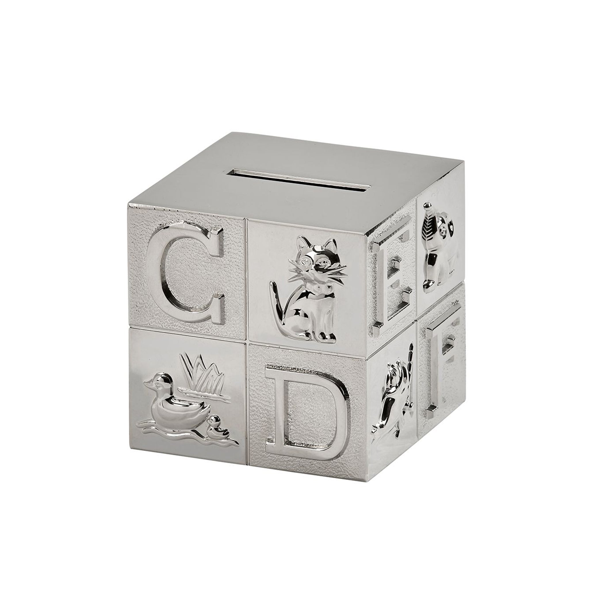 Large Block Bank with polished nickel finish featuring raised alphabet letters and animal icons.