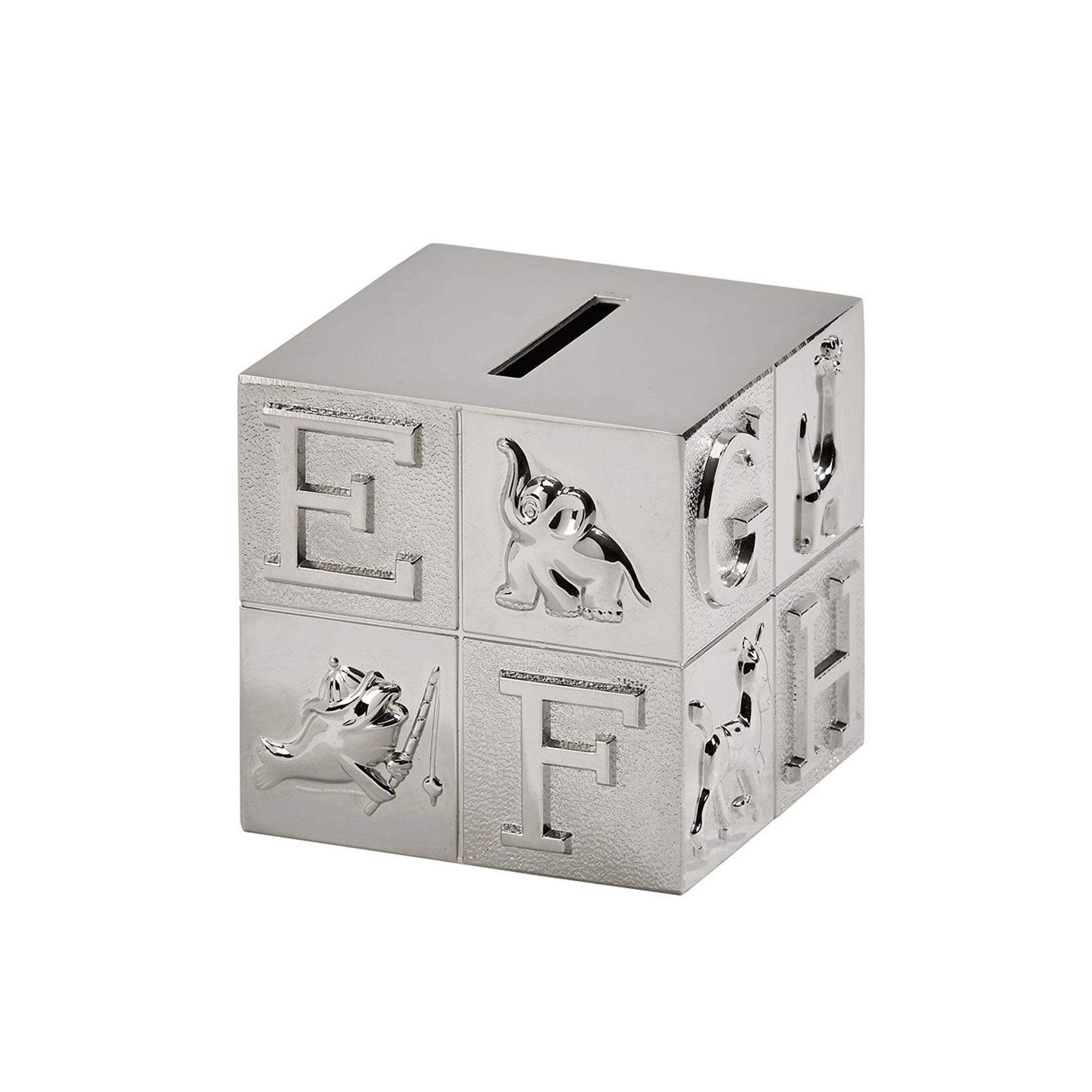 Large Block Bank with polished nickel finish featuring raised alphabet letters and animal icons.