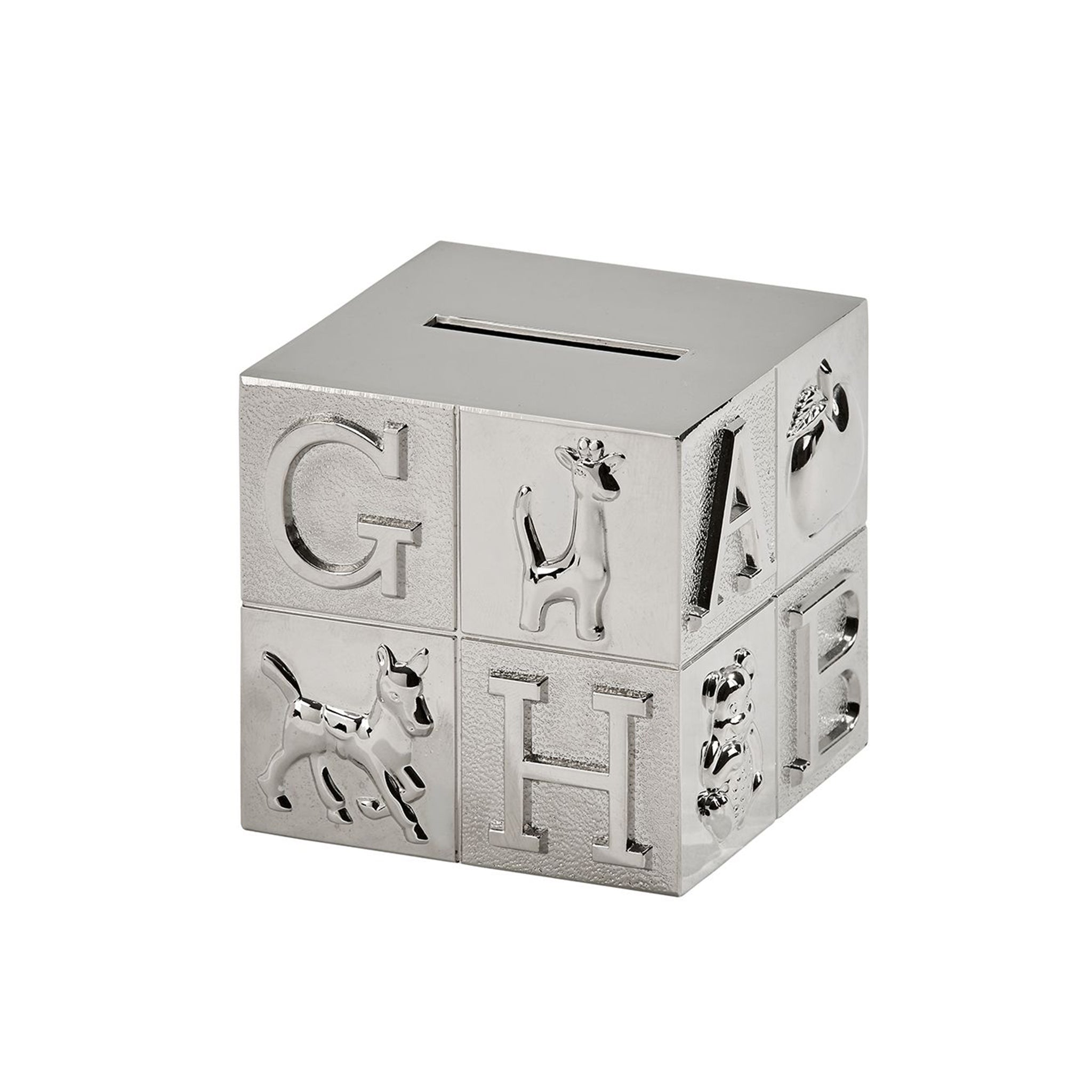 Large Block Bank with polished nickel finish featuring raised alphabet letters and animal icons.