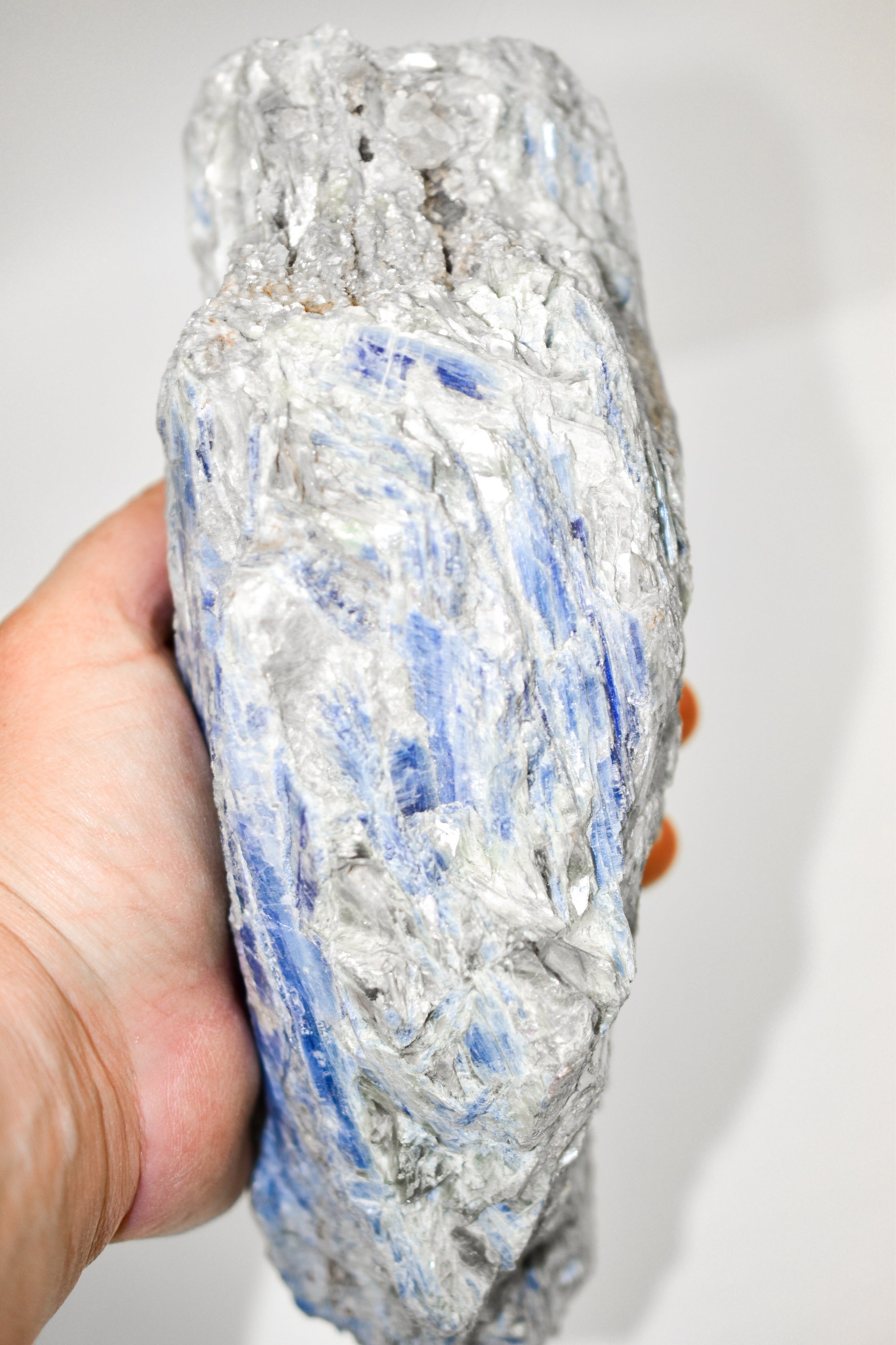 Large Blue Kyanite Display Piece, hand cut in Brazil, showcasing its sharp edges and beautiful light blue color.