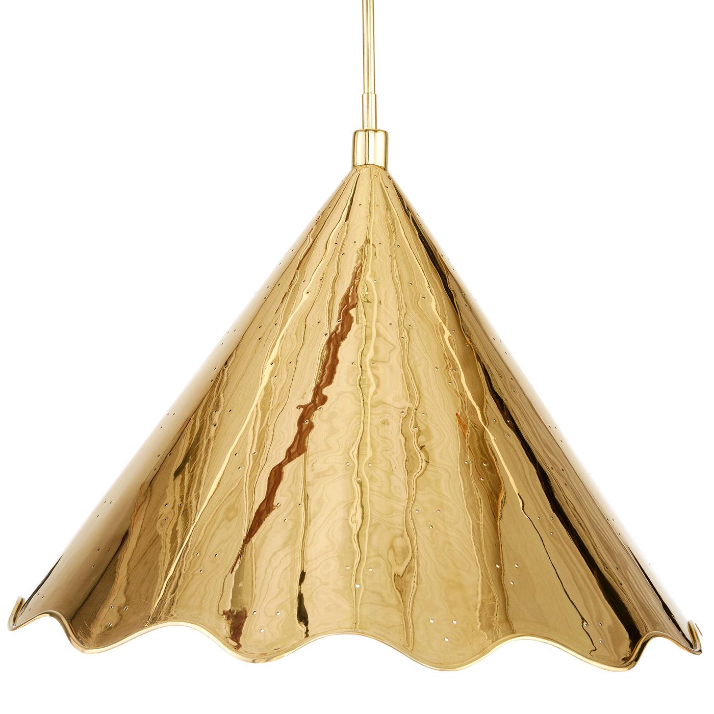 Large Brass Ripple Pendant with ruffled edge and perforated design, showcasing a luxurious metallic finish.