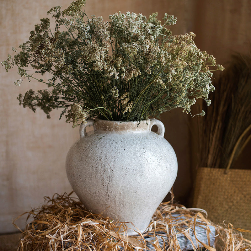 Large French Country White Ceramic Flower Vase with elegant design, showcasing unique handmade details and soft color variations.