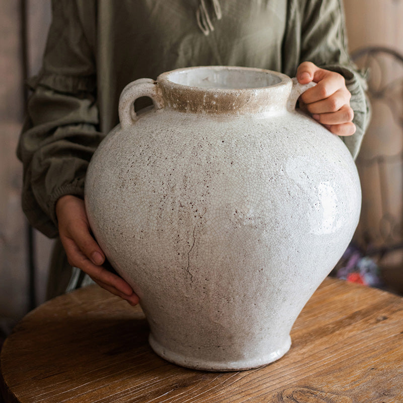 Large French Country White Ceramic Flower Vase with elegant design, showcasing unique handmade details and soft color variations.