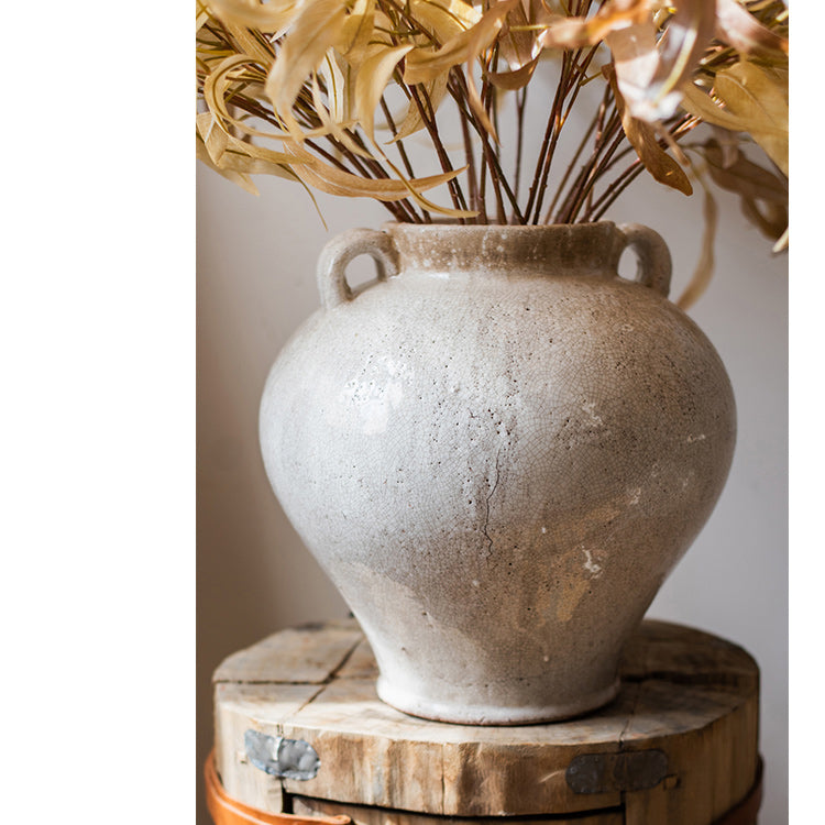 Large French Country White Ceramic Flower Vase with elegant design, showcasing unique handmade details and soft color variations.