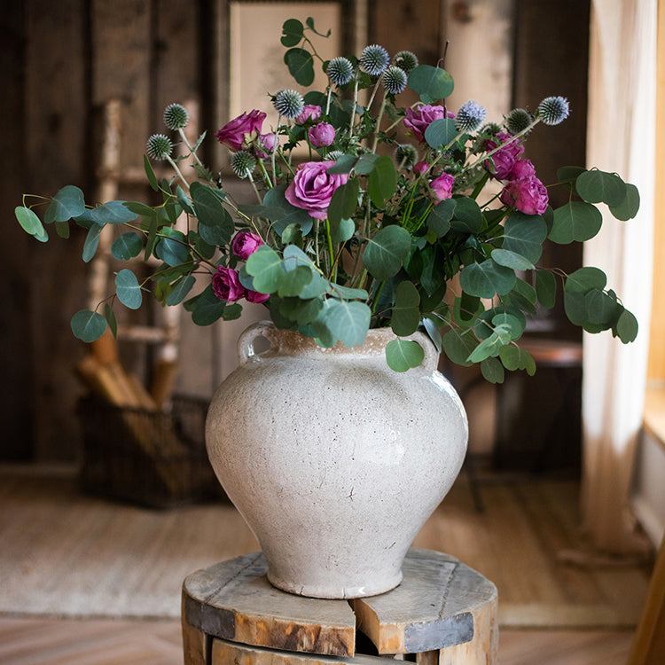 Large French Country White Ceramic Flower Vase with elegant design, showcasing unique handmade details and soft color variations.