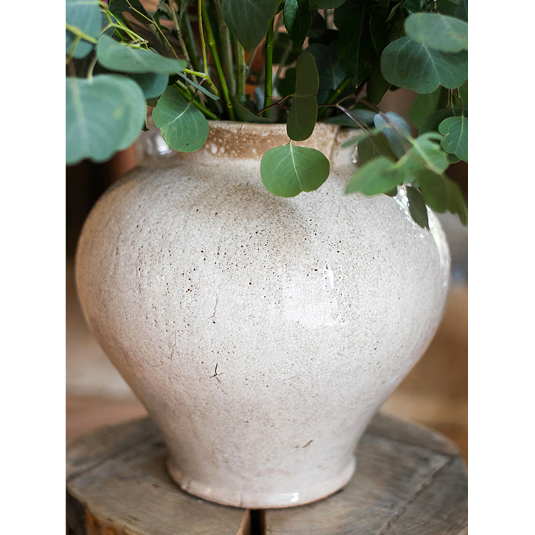 Large French Country White Ceramic Flower Vase with elegant design, showcasing unique handmade details and soft color variations.