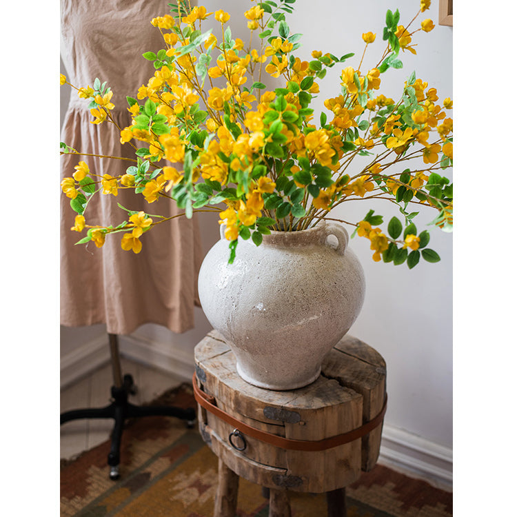 Large French Country White Ceramic Flower Vase with elegant design, showcasing unique handmade details and soft color variations.