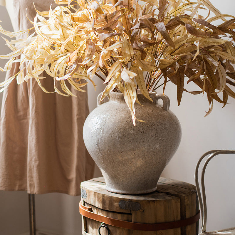 Large French Country White Ceramic Flower Vase with elegant design, showcasing unique handmade details and soft color variations.