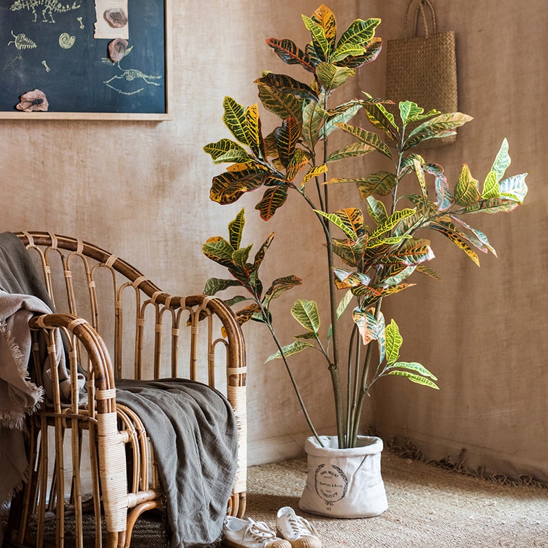 Large Leaf Artificial Croton Tree in Pot with vibrant green, yellow, and brown leaves, showcasing realistic details and a sturdy base.