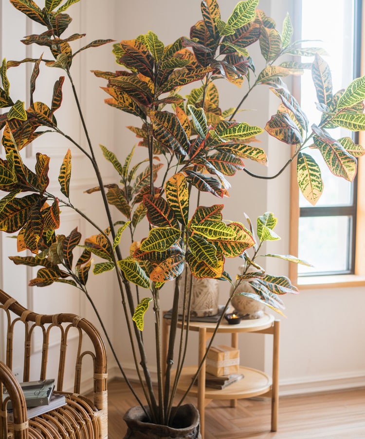 Large Leaf Artificial Croton Tree in Pot with vibrant green, yellow, and brown leaves, showcasing realistic details and a sturdy base.