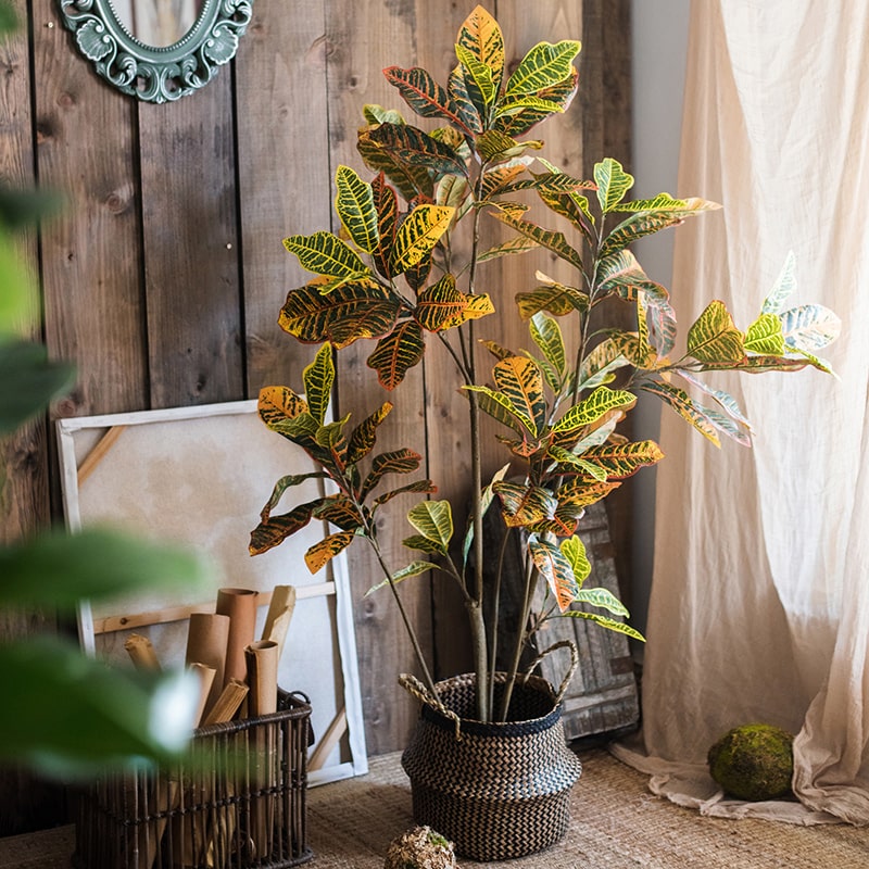 Large Leaf Artificial Croton Tree in Pot with vibrant green, yellow, and brown leaves, showcasing realistic details and a sturdy base.