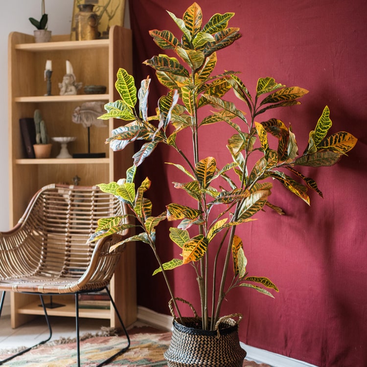 Large Leaf Artificial Croton Tree in Pot with vibrant green, yellow, and brown leaves, showcasing realistic details and a sturdy base.