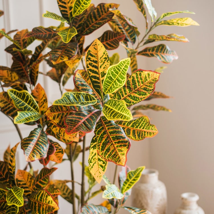 Large Leaf Artificial Croton Tree in Pot with vibrant green, yellow, and brown leaves, showcasing realistic details and a sturdy base.