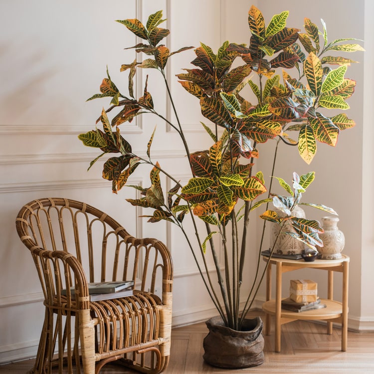 Large Leaf Artificial Croton Tree in Pot with vibrant green, yellow, and brown leaves, showcasing realistic details and a sturdy base.