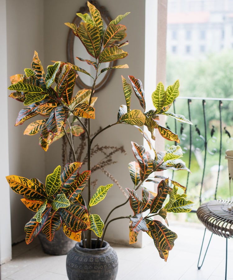 Large Leaf Artificial Croton Tree in Pot with vibrant green, yellow, and brown leaves, showcasing realistic details and a sturdy base.