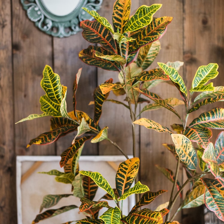 Large Leaf Artificial Croton Tree in Pot with vibrant green, yellow, and brown leaves, showcasing realistic details and a sturdy base.