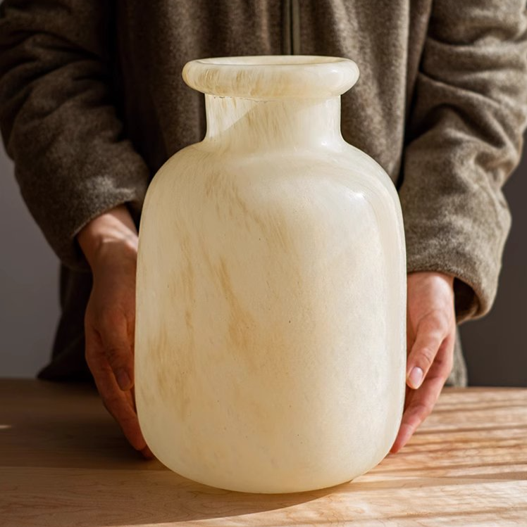 Large Matte Frosted Glass Vase with a unique hand-blown design, featuring a frosted finish in white and light yellow colors.