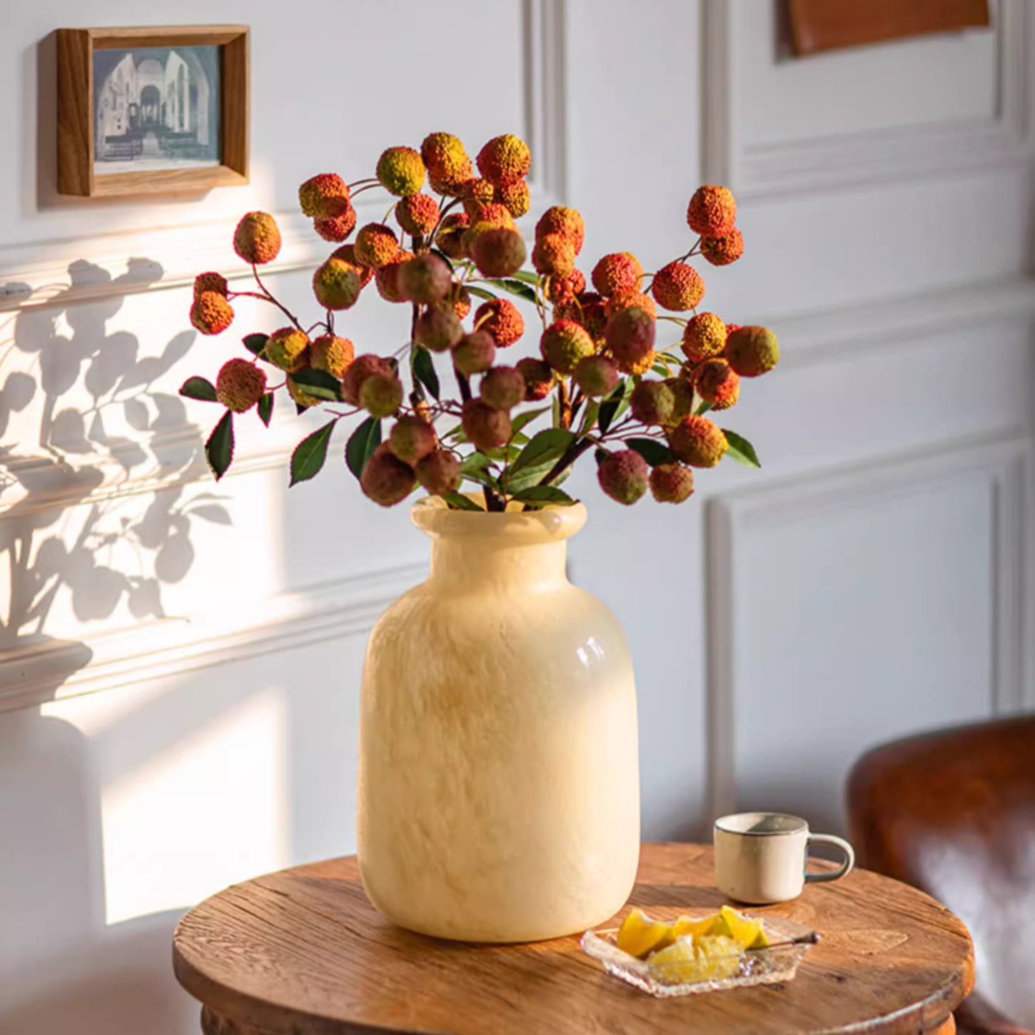 Large Matte Frosted Glass Vase with a unique hand-blown design, featuring a frosted finish in white and light yellow colors.