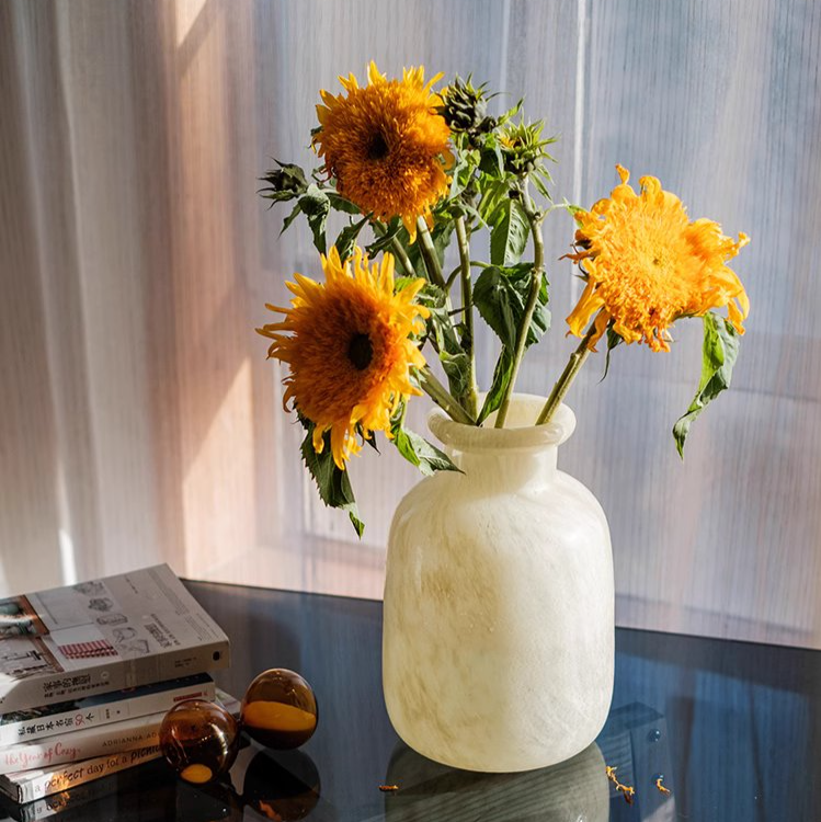 Large Matte Frosted Glass Vase with a unique hand-blown design, featuring a frosted finish in white and light yellow colors.