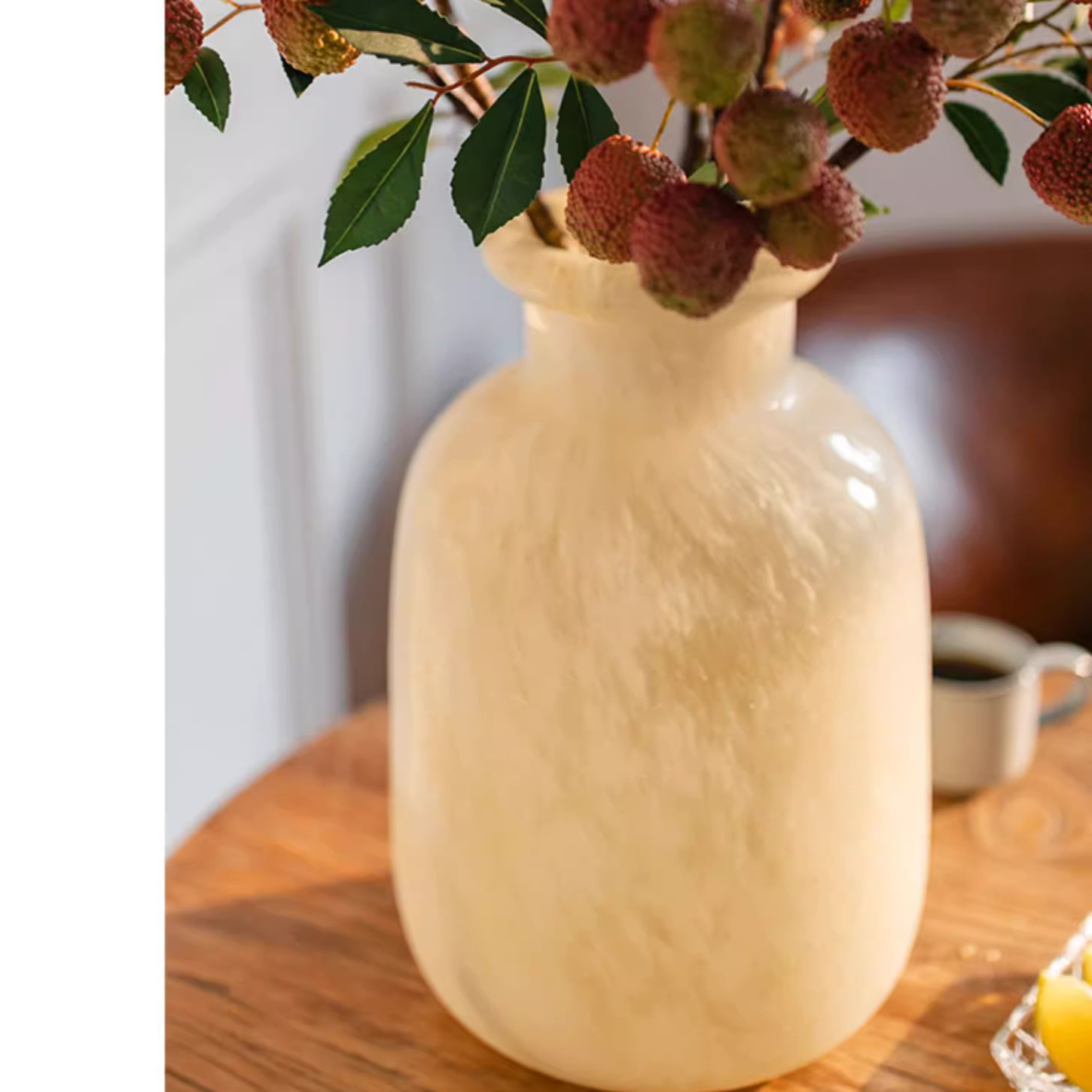 Large Matte Frosted Glass Vase with a unique hand-blown design, featuring a frosted finish in white and light yellow colors.