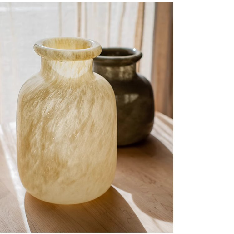 Large Matte Frosted Glass Vase with a unique hand-blown design, featuring a frosted finish in white and light yellow colors.