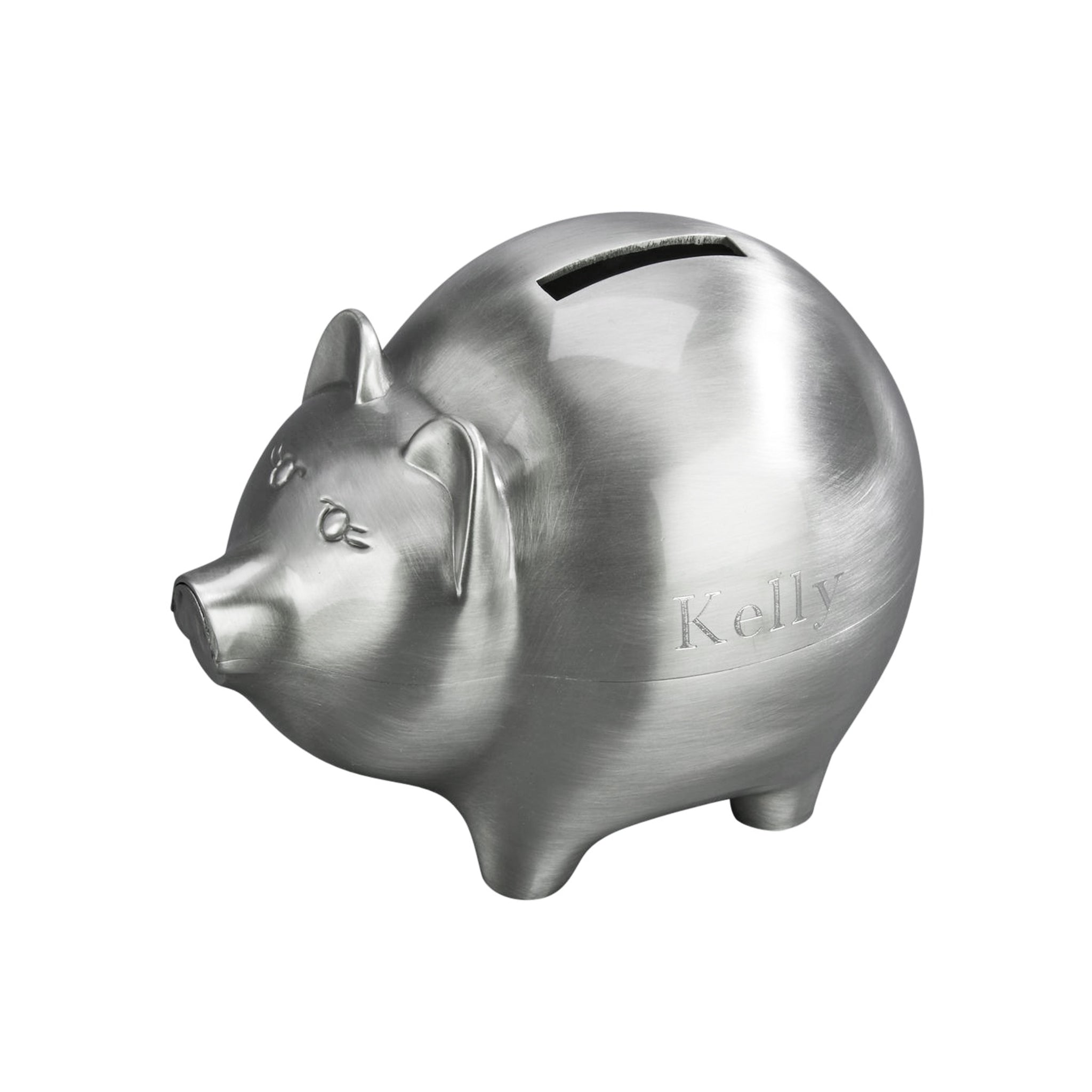 Large piggy bank with a matte brushed pewter finish, featuring detailed ears, nose, eyes, and tail, perfect for saving money.