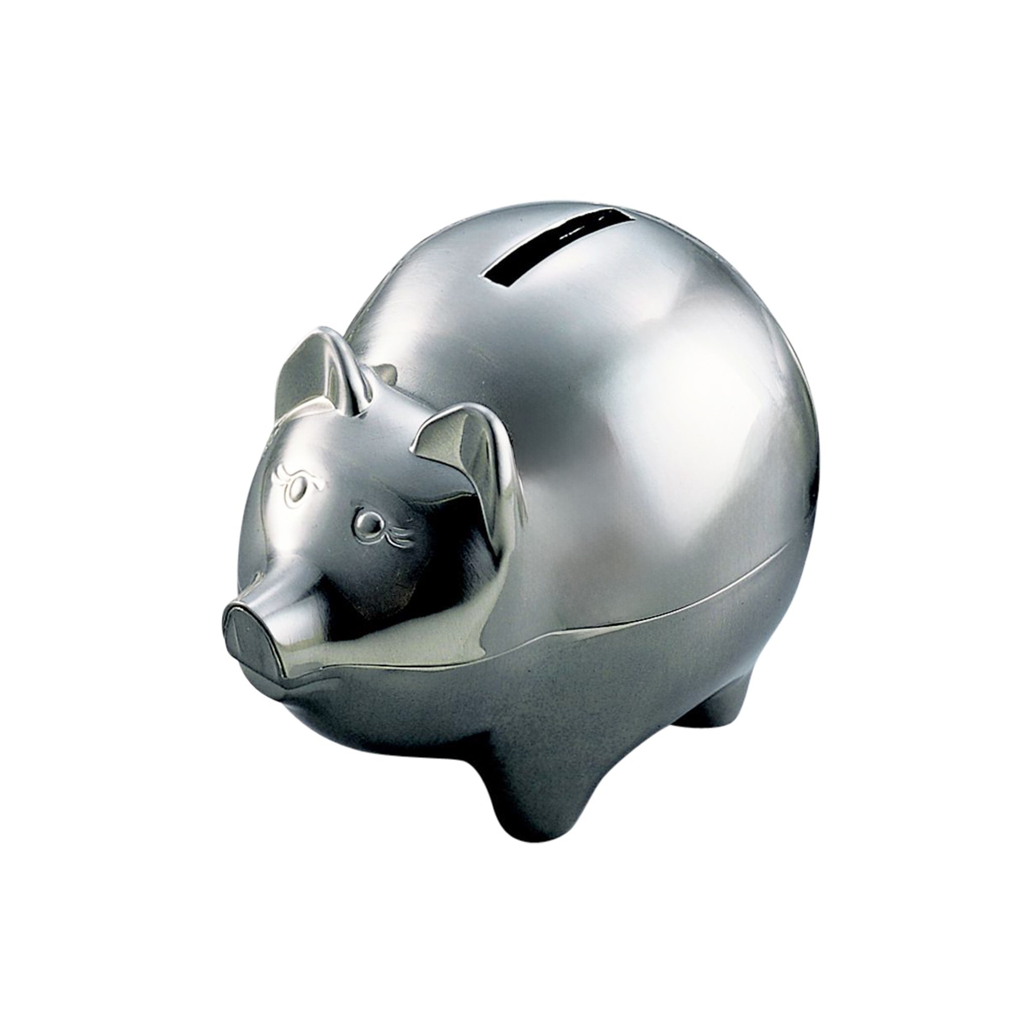 Large piggy bank with a matte brushed pewter finish, featuring detailed ears, nose, eyes, and tail, perfect for saving money.