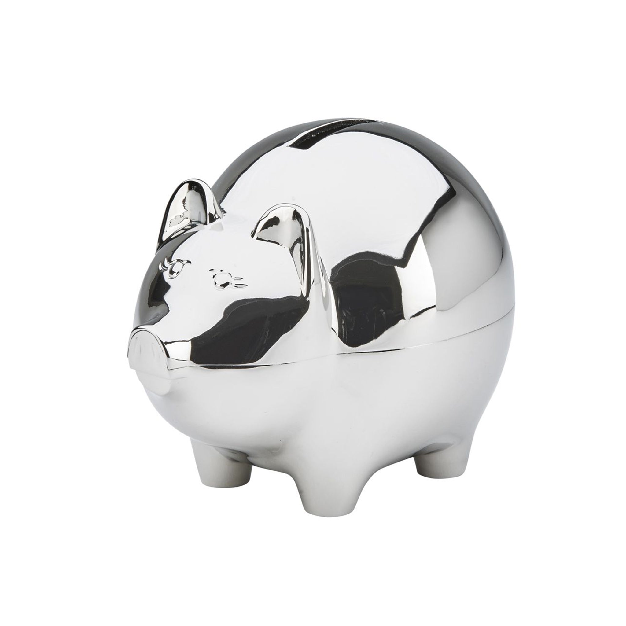 Large piggy bank with a polished nickel plated finish, featuring detailed ears, nose, eyes, and tail.