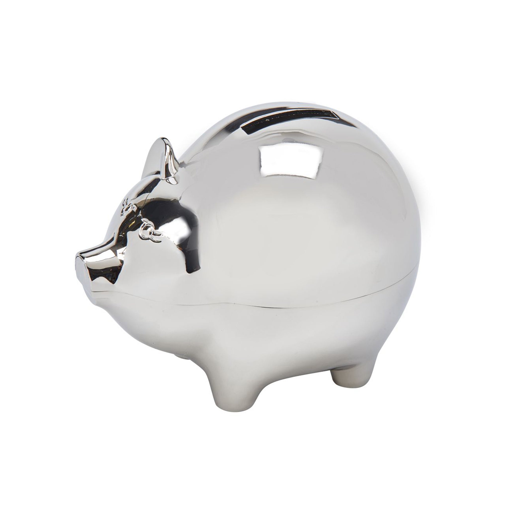 Large piggy bank with a polished nickel plated finish, featuring detailed ears, nose, eyes, and tail.