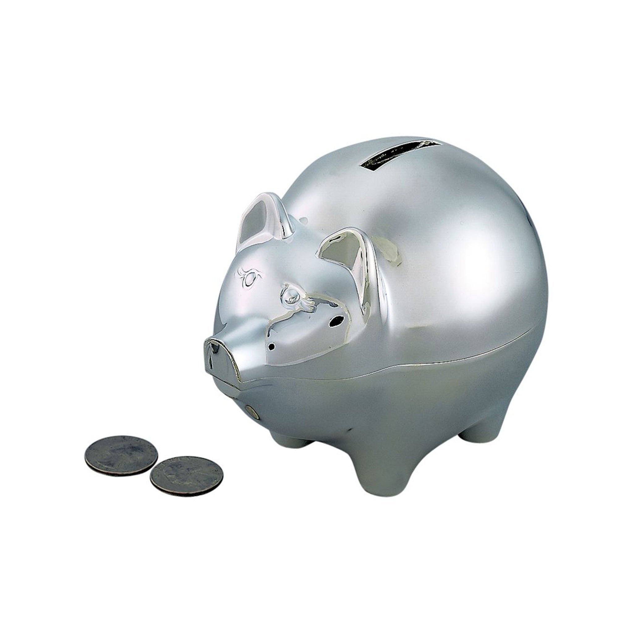 Large piggy bank with a polished nickel plated finish, featuring detailed ears, nose, eyes, and tail.