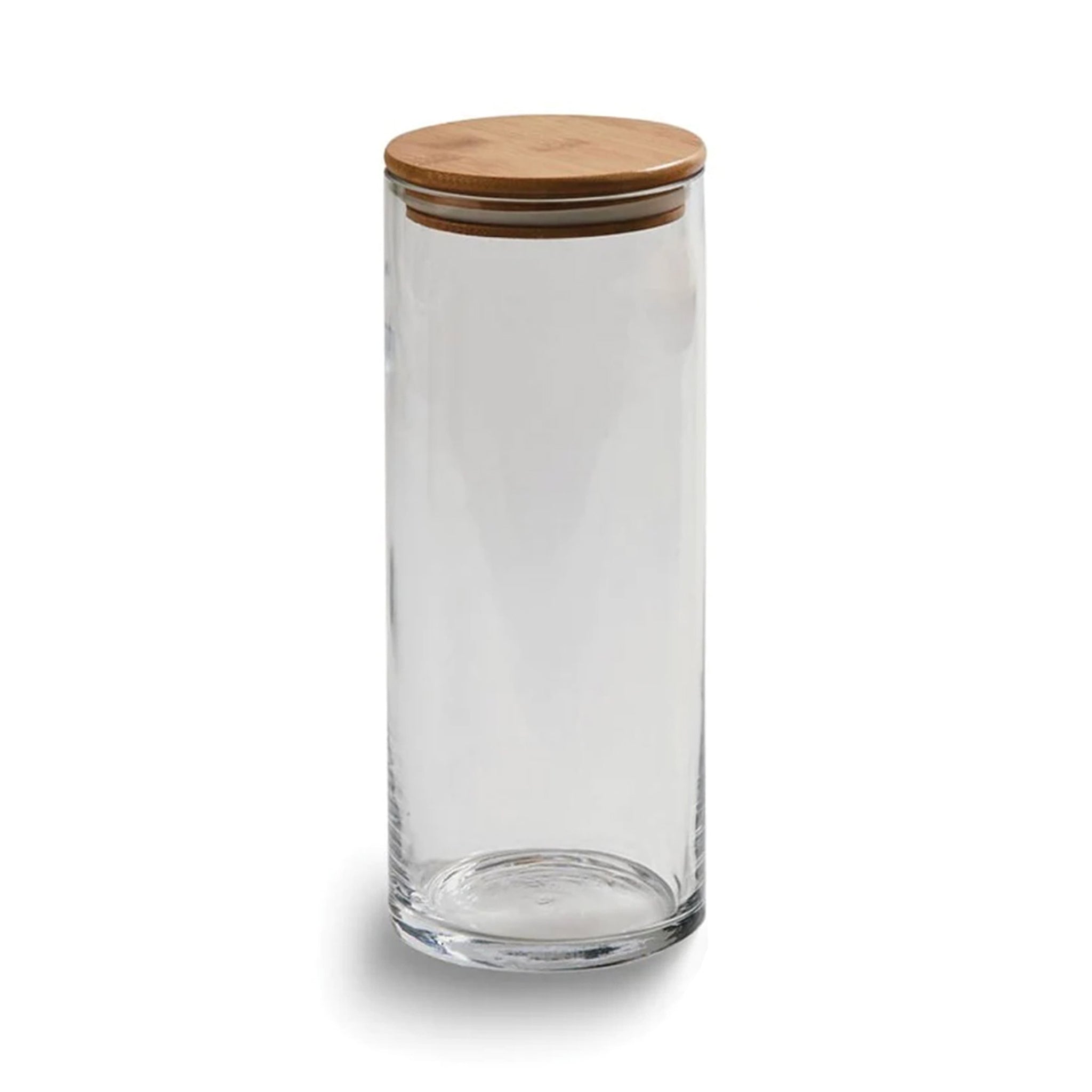 Large round glass storage container with a bamboo lid, showcasing its elegant design and rubber gasket seal.