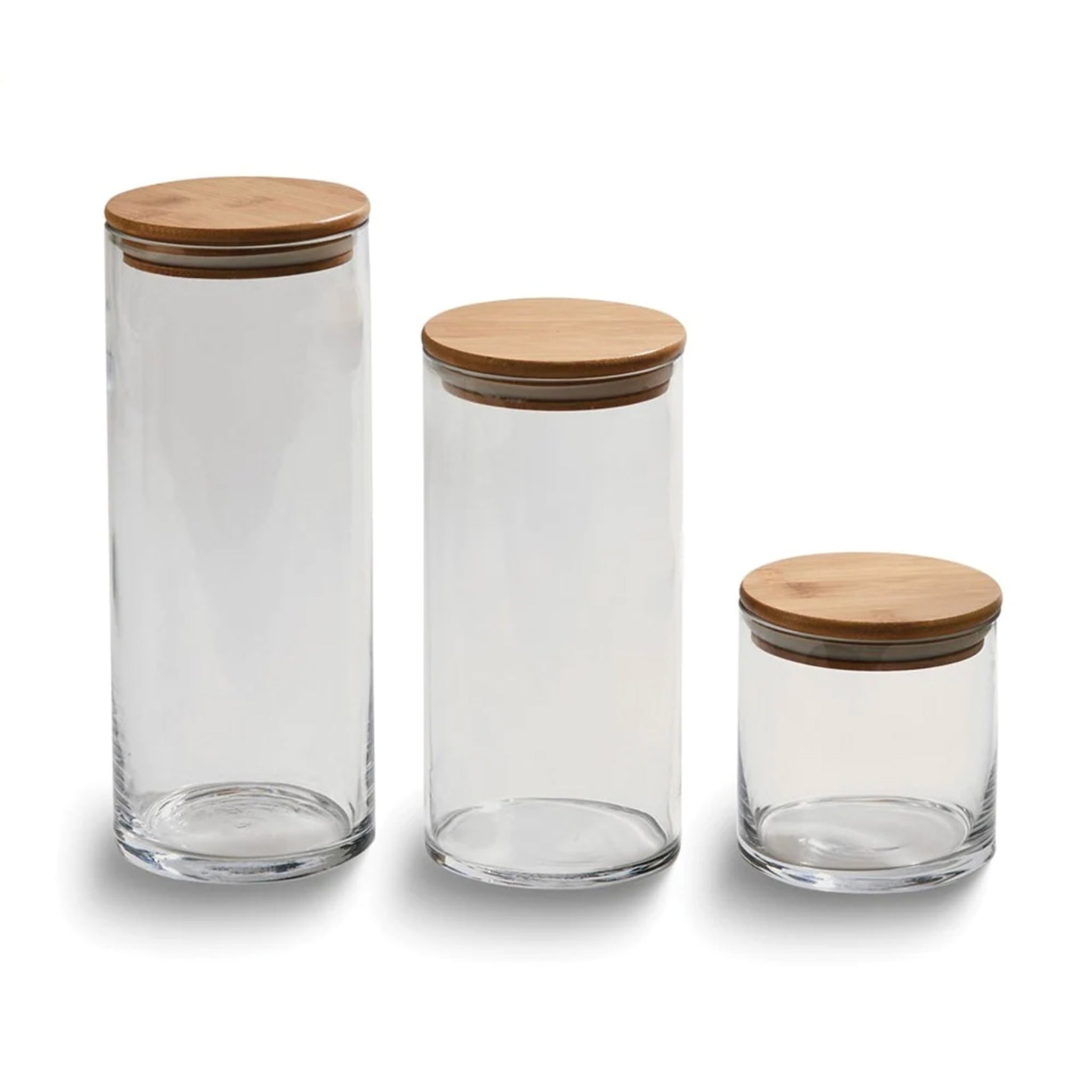 Large round glass storage container with a bamboo lid, showcasing its elegant design and rubber gasket seal.