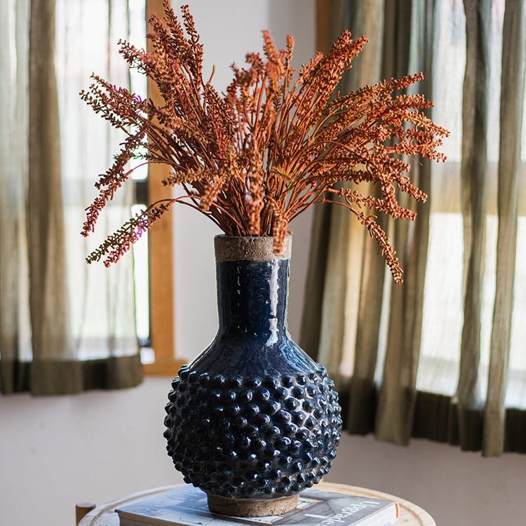 Large South East Asia Navy Blue Domo Coarse Pottery Vase, handmade ceramic with a glazed finish, showcasing a unique dark blue color.