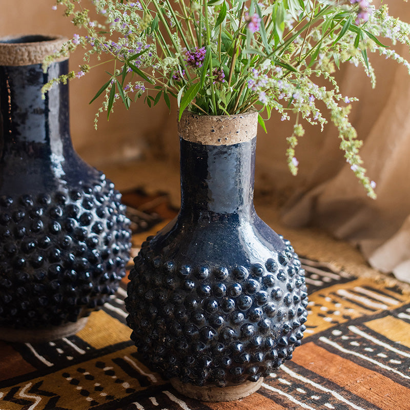 Large South East Asia Navy Blue Domo Coarse Pottery Vase, handmade ceramic with a glazed finish, showcasing a unique dark blue color.