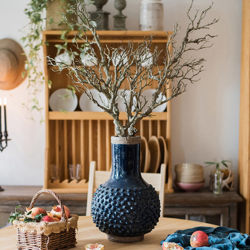 Large South East Asia Navy Blue Domo Coarse Pottery Vase, handmade ceramic with a glazed finish, showcasing a unique dark blue color.