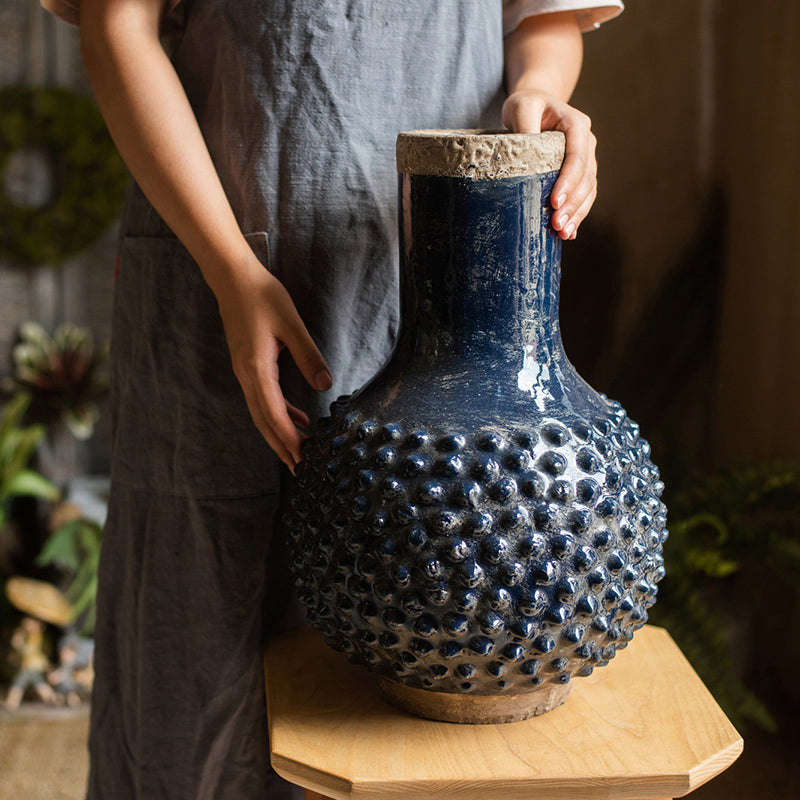 Large South East Asia Navy Blue Domo Coarse Pottery Vase, handmade ceramic with a glazed finish, showcasing a unique dark blue color.