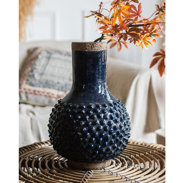 Large South East Asia Navy Blue Domo Coarse Pottery Vase, handmade ceramic with a glazed finish, showcasing a unique dark blue color.