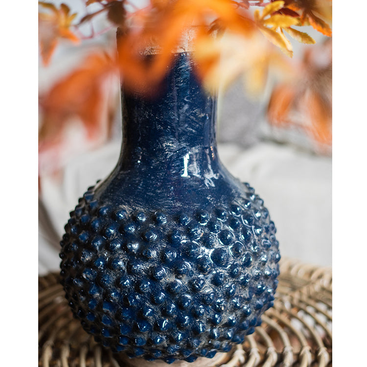 Large South East Asia Navy Blue Domo Coarse Pottery Vase, handmade ceramic with a glazed finish, showcasing a unique dark blue color.