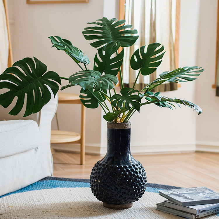 Large South East Asia Navy Blue Domo Coarse Pottery Vase, handmade ceramic with a glazed finish, showcasing a unique dark blue color.