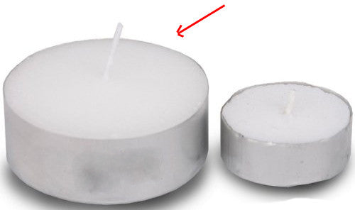 Pack of 10 large tealight candles in silver foil cups, each measuring 6cm wide, designed for a longer burn time and brighter flame.