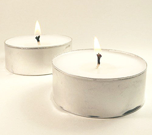 Pack of 10 large tealight candles in silver foil cups, each measuring 6cm wide, designed for a longer burn time and brighter flame.