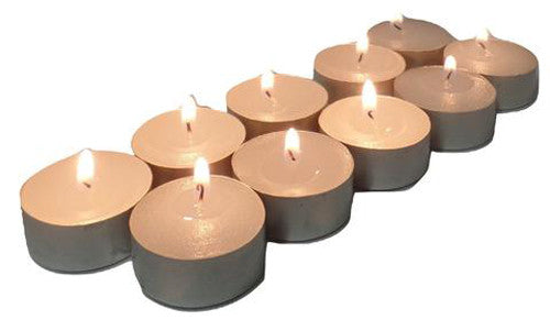 Pack of 10 large tealight candles in silver foil cups, each measuring 6cm wide, designed for a longer burn time and brighter flame.