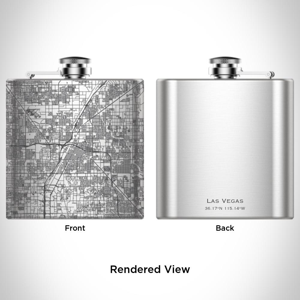 Custom engraved 6oz hip flask featuring a detailed map of Las Vegas, Nevada, with coordinates, accompanied by a canvas bag and funnel.