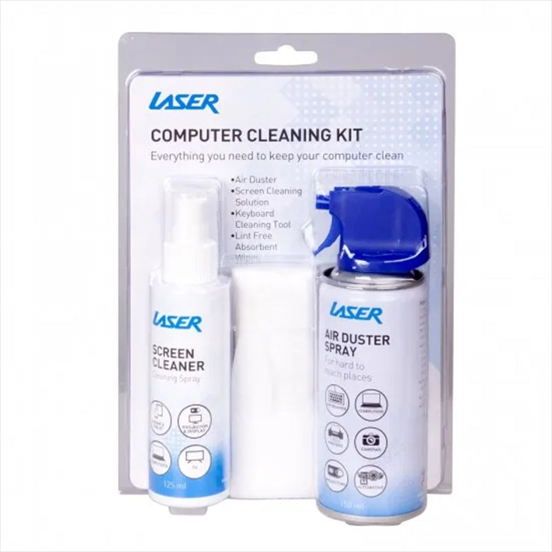 Laser 125ML Spray and 150ML Air Duster Clean Range Kit with cleaning spray, air duster, and lint-free wipes for electronic device maintenance.