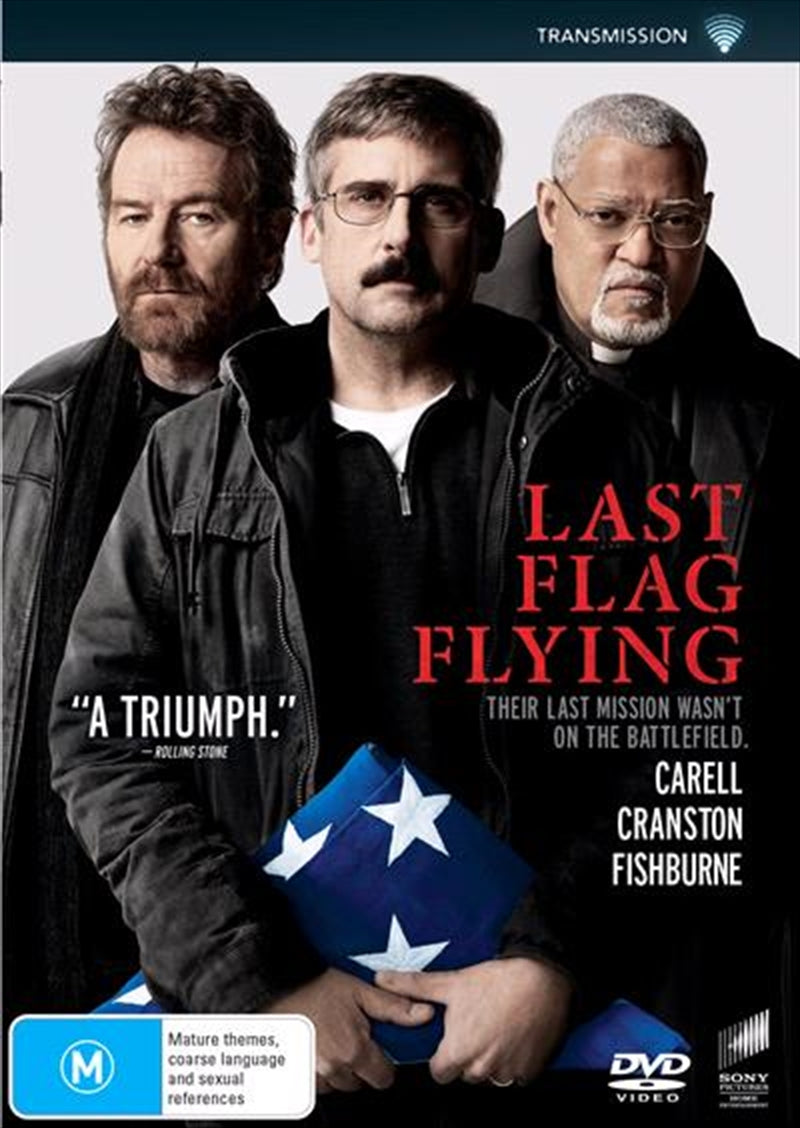 Last Flag Flying DVD cover featuring three veterans reflecting on their past.