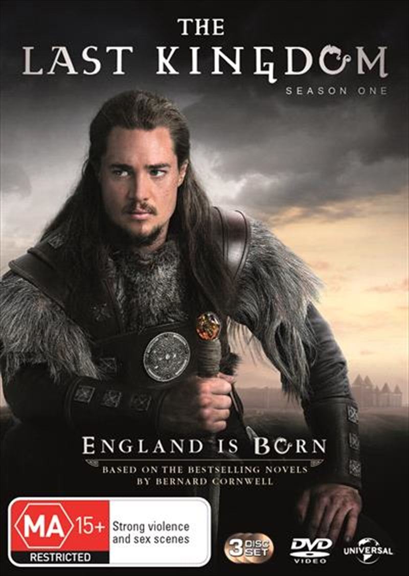 Last Kingdom Season 1 DVD cover featuring Uhtred and King Alfred amidst a historical backdrop.