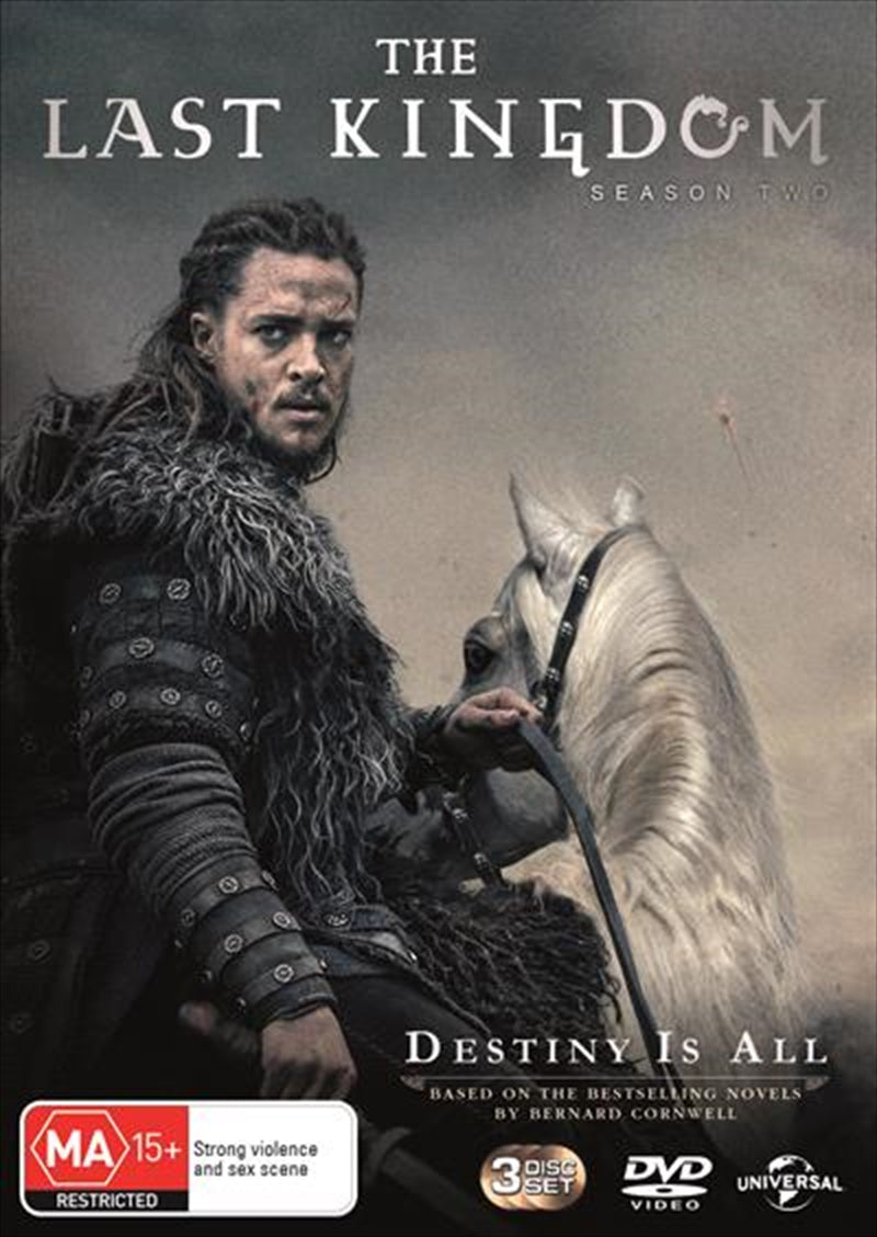 Last Kingdom - Season 2 DVD cover featuring Uhtred in battle attire, set against a backdrop of medieval landscapes.