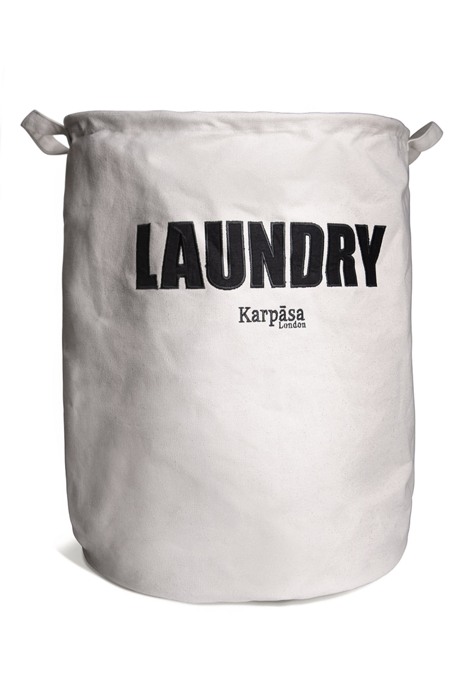 A spacious organic cotton laundry bag with a natural color, featuring a lightweight aluminum ring for stability, perfect for laundry and travel.