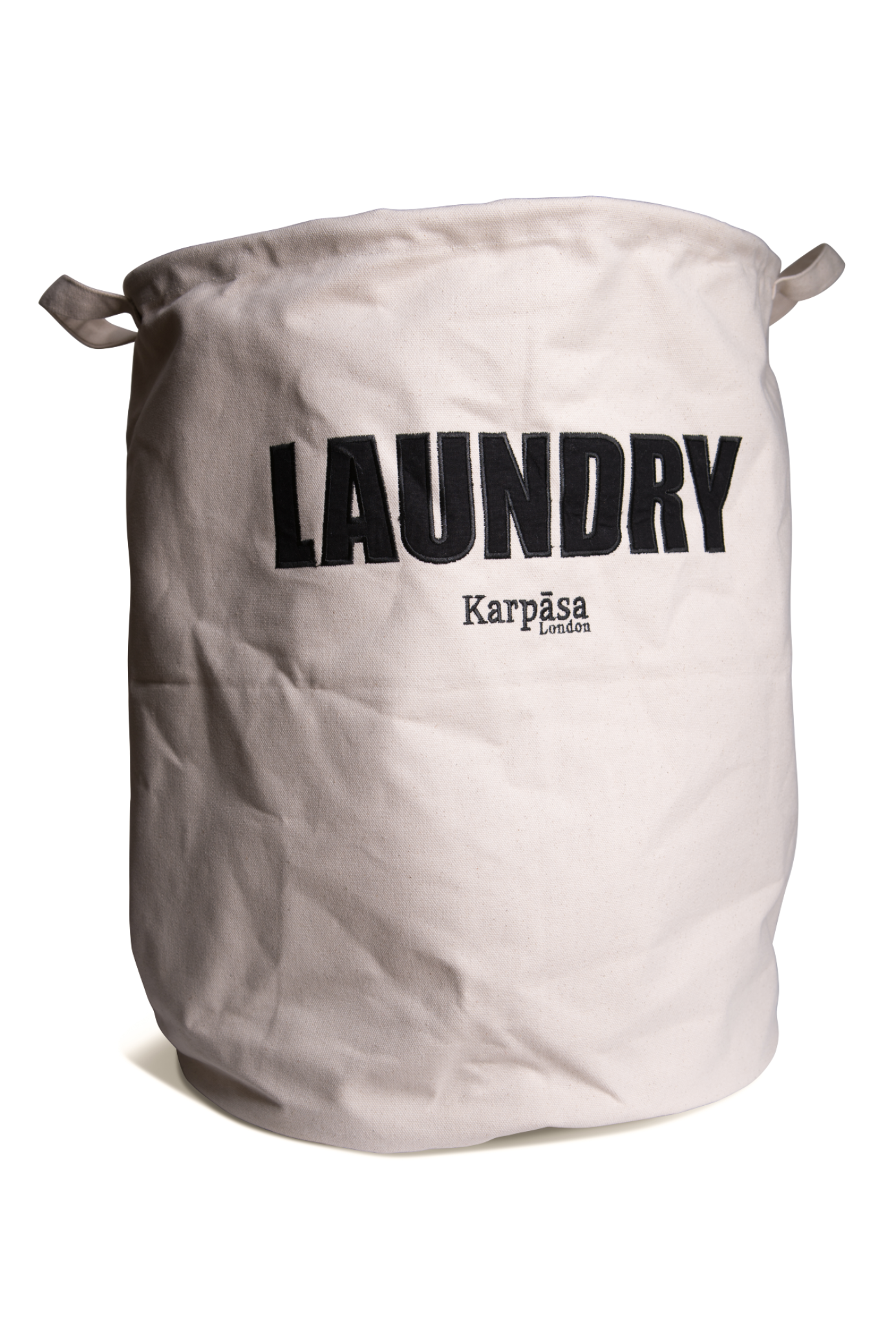 A spacious organic cotton laundry bag with a natural color, featuring a lightweight aluminum ring for stability, perfect for laundry and travel.