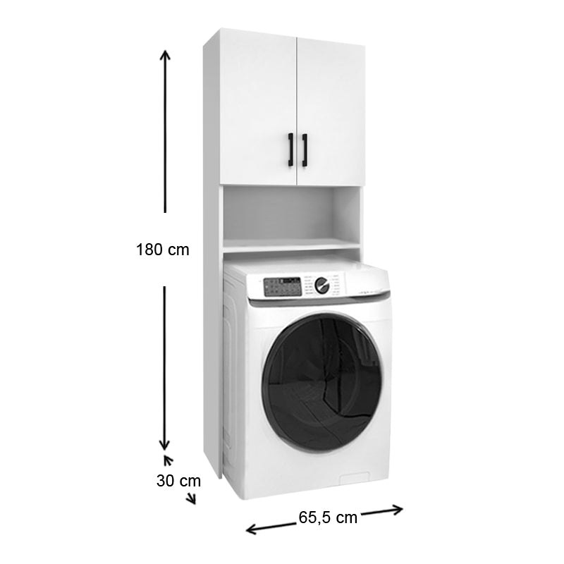 Laundry Machine Stand FIX in white, featuring a double-leaf cabinet and two shelves, measuring 65.5x30x180cm, made from durable melamine.